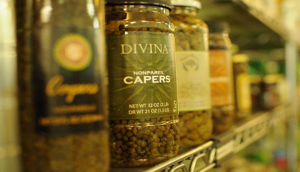 Imported capers at Mariakakis international food market